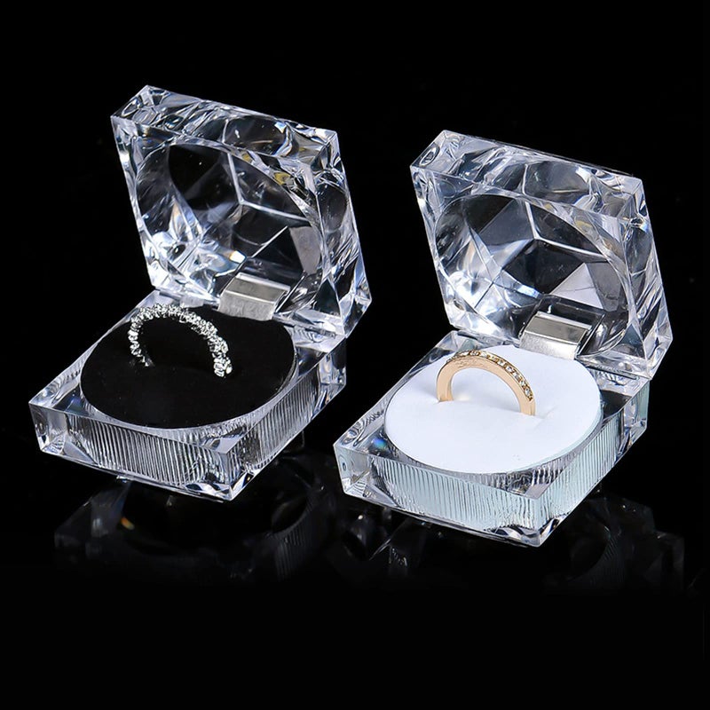 ELEpure Thickened 12 pcs Clear Crystal Ring Gift Boxes Earrings Jewelry Storage Box Acrylic Display Organizer Case for All Kinds of Ring Earrings Velvet Insert Black, 1.8" x 1.8" x 1.8" - Image 4